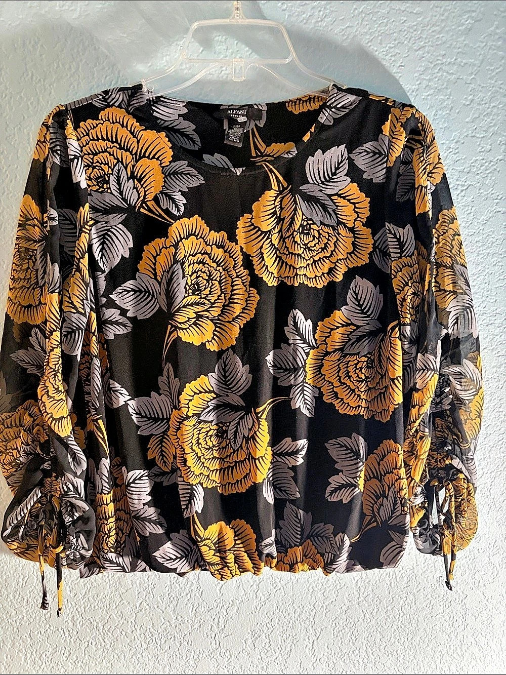 ALFANI Floral Long Sleeve Blouse in Black & Orange Size Medium